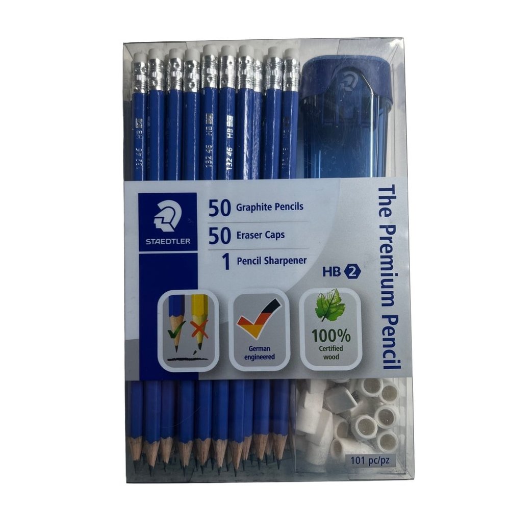 Staedtler New in Box 50 HB2 Graphite Pencils 50 Eraser Caps 1 Pencil Sharpener